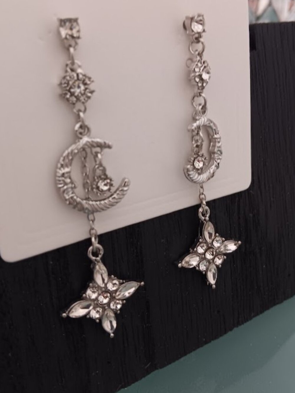 DESIGNER Celestial Silver Crescent Moon Starburst Clear Crystal Dangle Earrings - Picture 4 of 4